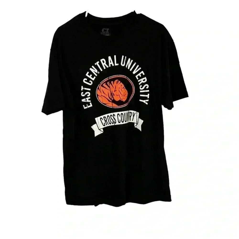 East Central University Tigers Adult Large Black T-Shirt  Crew Neck Solid Cotton